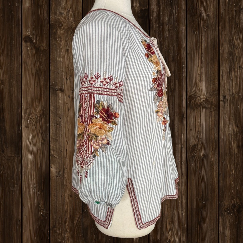 Johnny Was Embroidered Artemis Peasant Top Sz S 42" Bust Striped Art to Wear - Picture 4 of 12